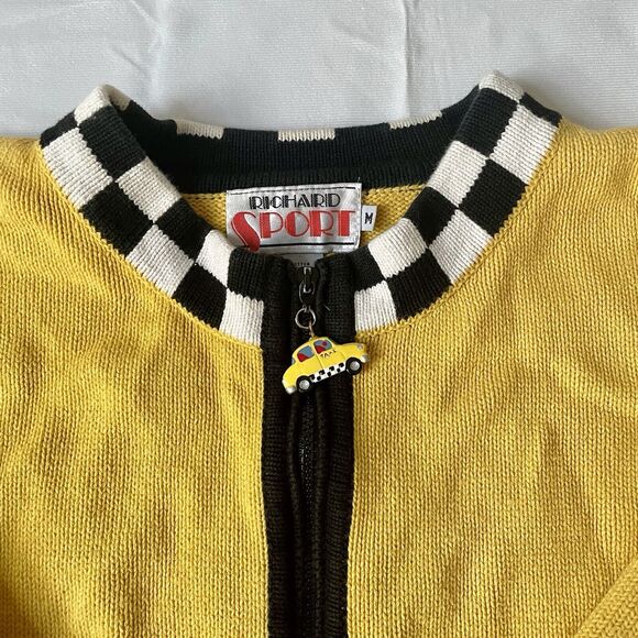 Vintage 80s Richard Sport Cardigan Sweater M Colorblock Checkered Taxi Mod Retro - Picture 3 of 10